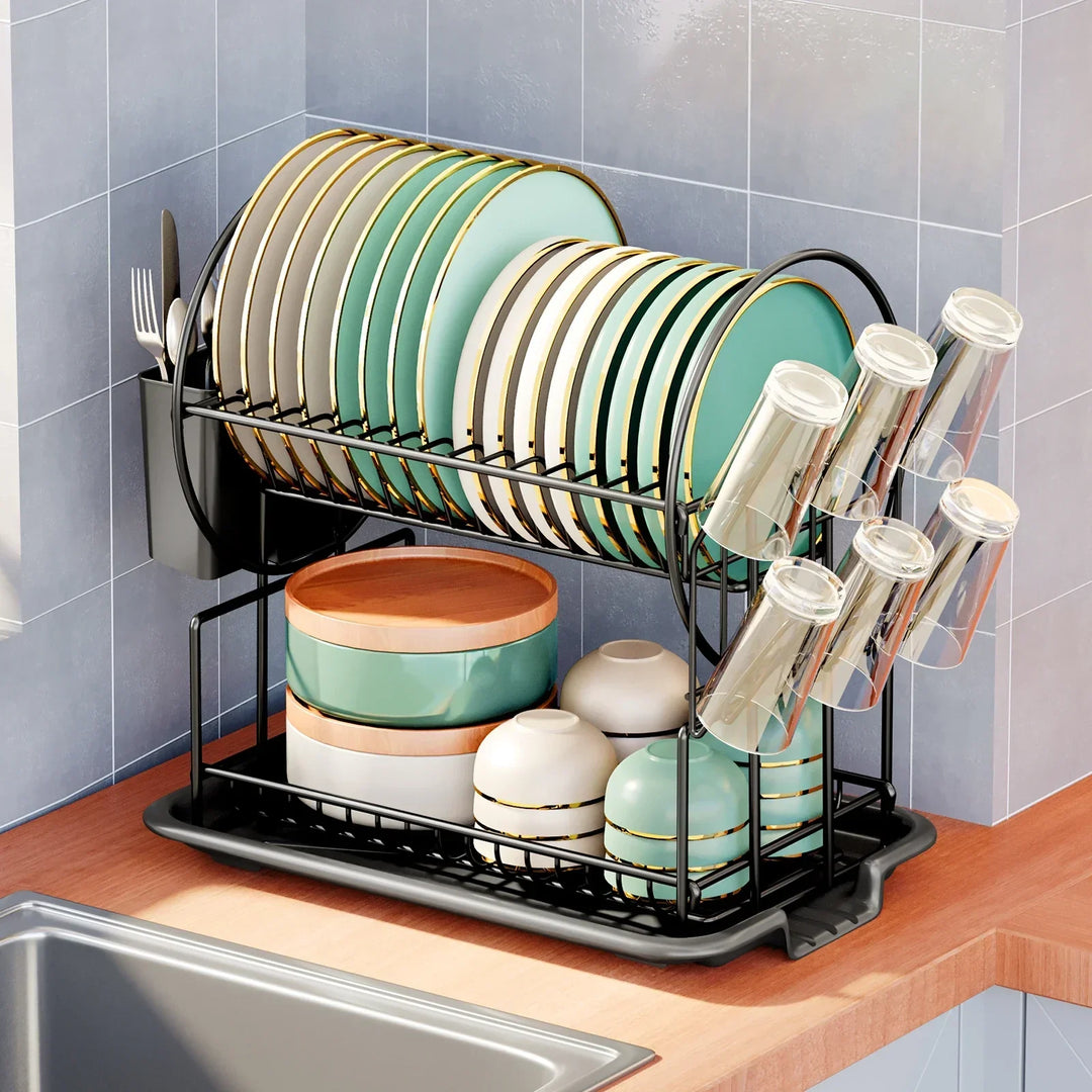 Aria 2-Tier Dish Drying Rack with Drainboard & Cutlery Holder organizing kitchen dishes.