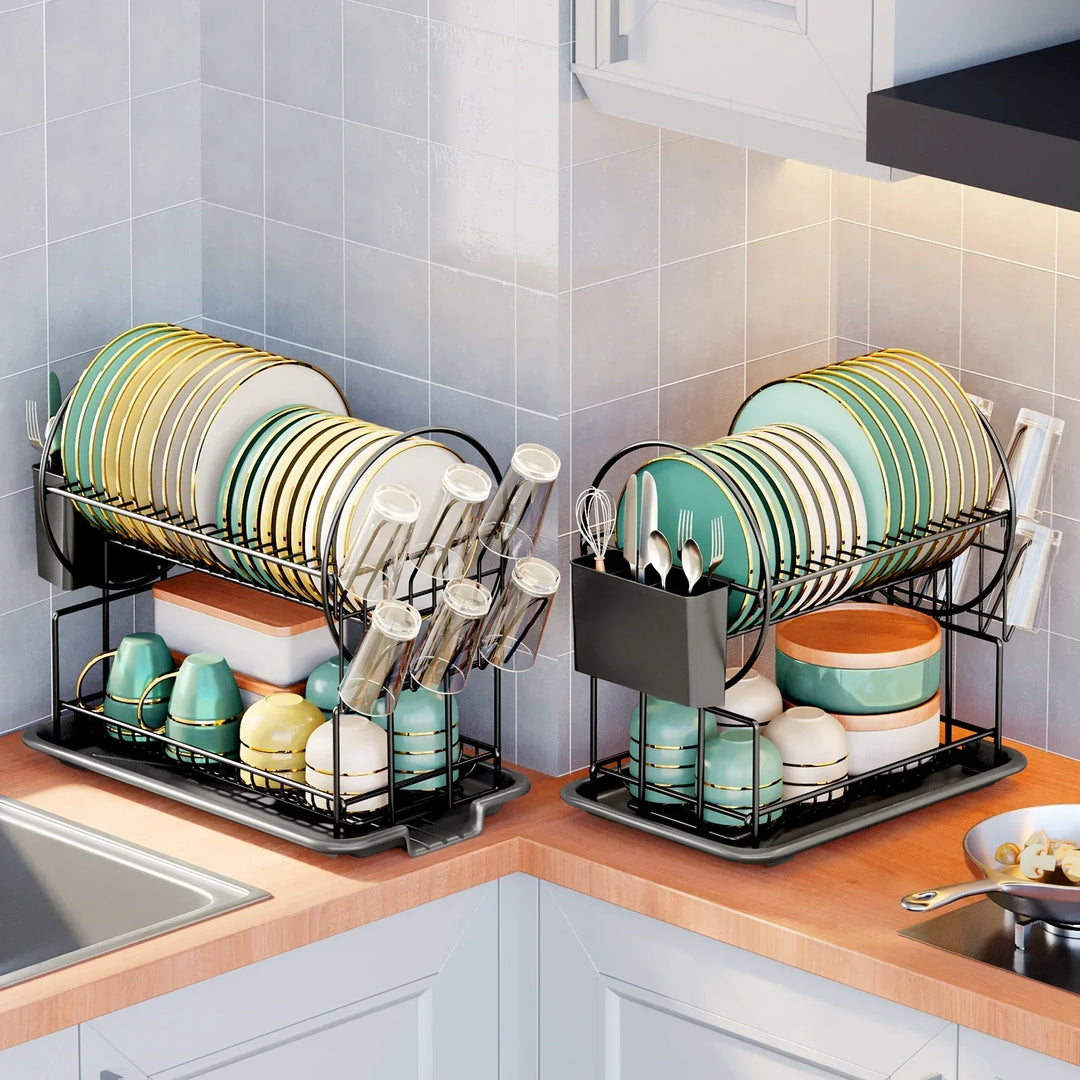 Compact 2-tier dish rack with integrated drainboard and side cutlery holder in a modern kitchen.