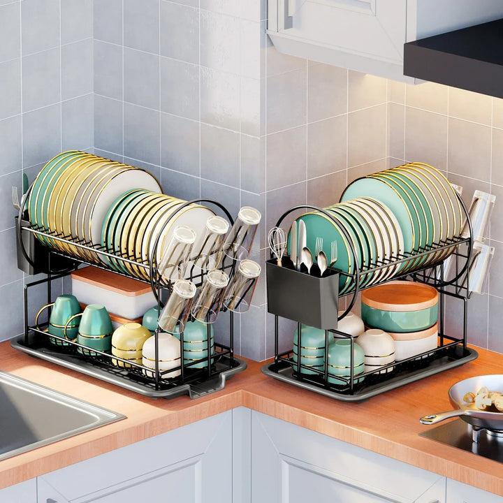 Compact 2-tier dish rack with integrated drainboard and side cutlery holder in a modern kitchen.
