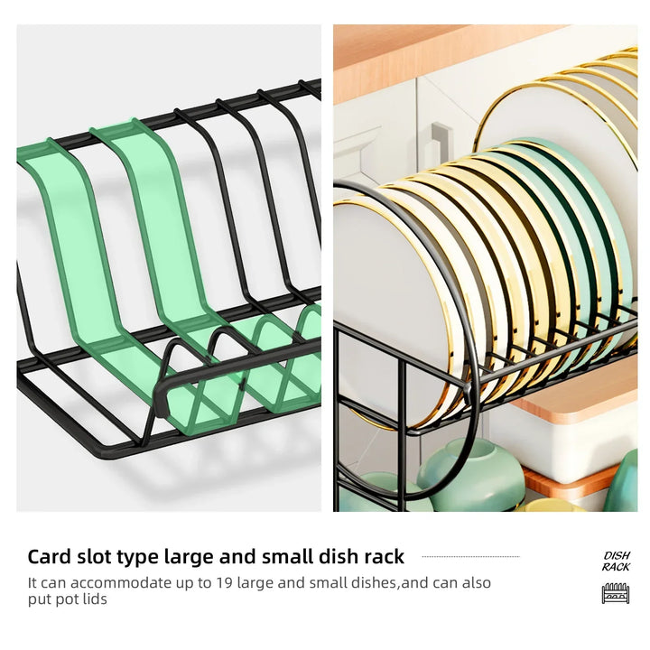 Stainless steel Aria kitchen organization dish drying rack with two levels for plates and bowls.