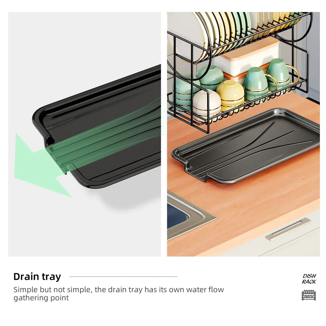 Efficient space-saving 2-tier dish drainer with removable drainboard and cutlery holder for kitchen countertops.