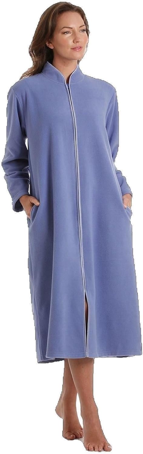 Arlena women's comfortable blue fleece zip-up dressing gown with pockets, ideal for warm loungewear