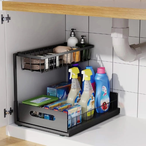 Arlo 2-tier under sink sliding cabinet organizer for kitchen storage, chrome finish, pullout design.