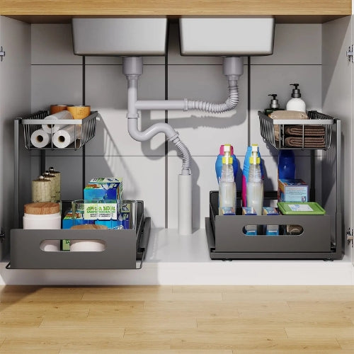 Compact 2-tier under sink organizer, Arlo pullout storage solution for kitchen and bathroom cabinets.