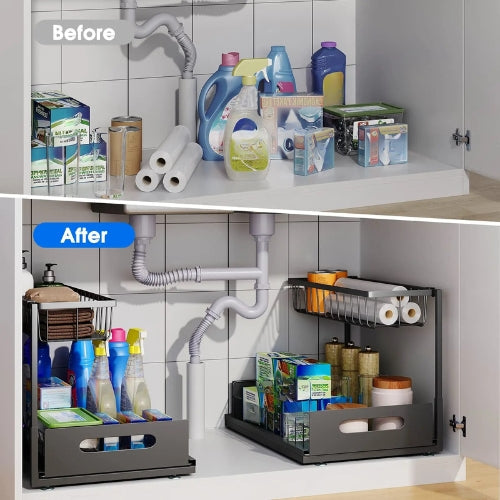 Arlo kitchen under sink organizer with two sliding tiers, perfect for maximizing cabinet storage space.