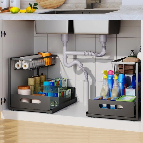 Efficient bathroom under sink storage: Arlo 2-tier pullout organizer for easy access to cleaning supplies.