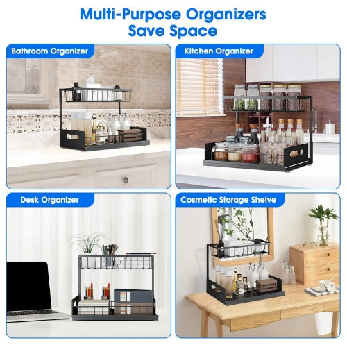 Durable chrome Arlo under sink sliding cabinet organizer, 2-tier design for kitchen and home storage.