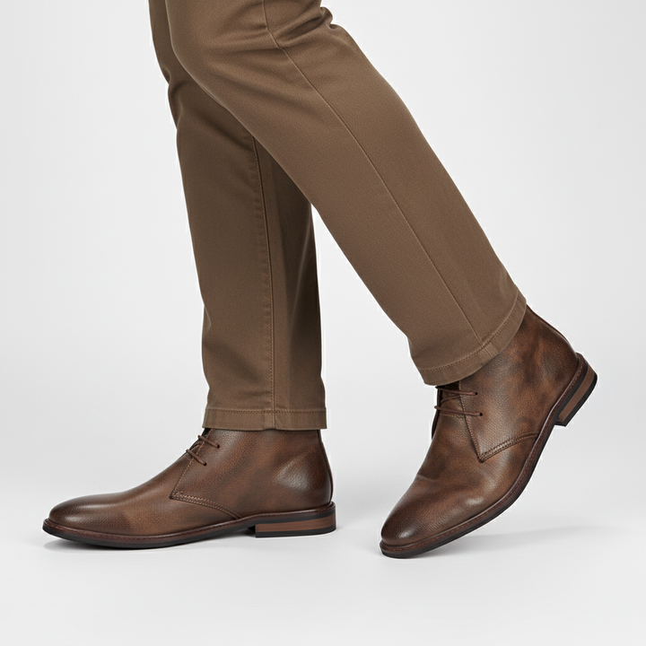Pair of Arthur Men's Classic Leather Desert Boots, brown, top view, mens fashion essential