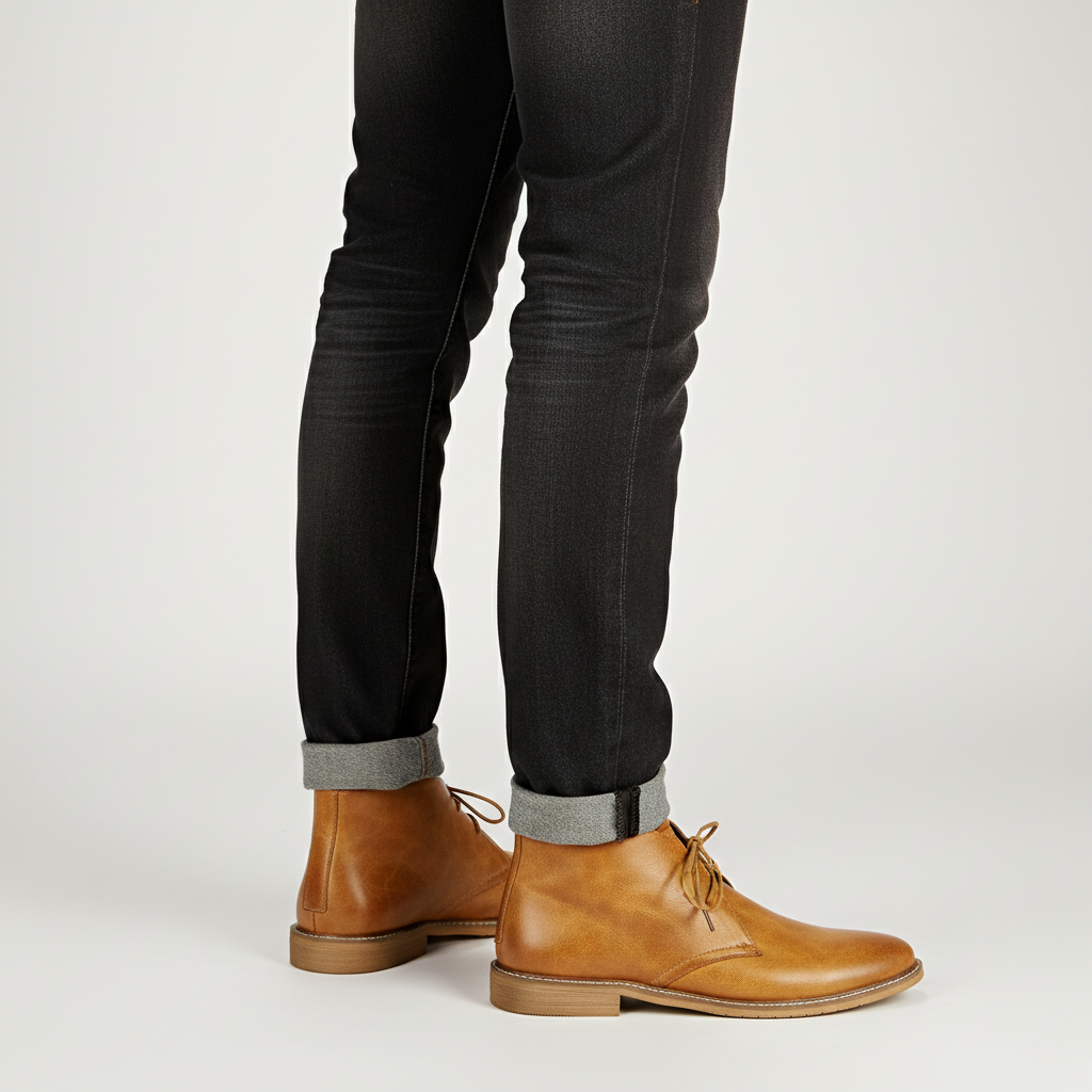 Arthur Men's Leather Desert Boots, close-up of stitching and leather texture, durable design