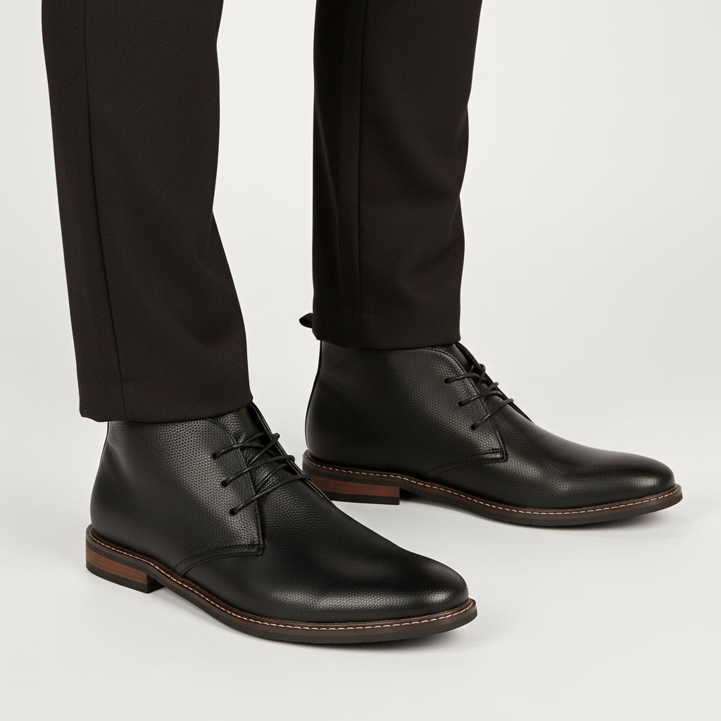 Man wearing Arthur Men's Classic Leather Desert Boots with jeans, showcasing versatile style