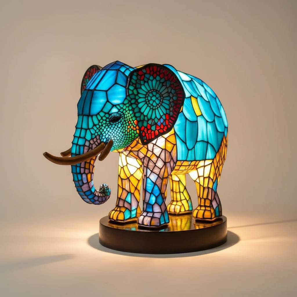 Artistic table lamp with elephant base, black finish, white shade, modern home accessory