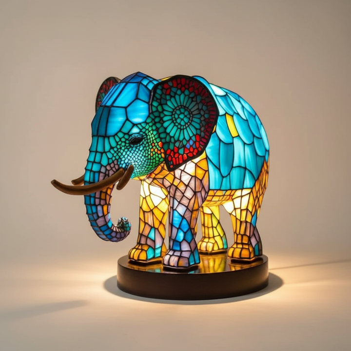 Artistic table lamp with elephant base, black finish, white shade, modern home accessory