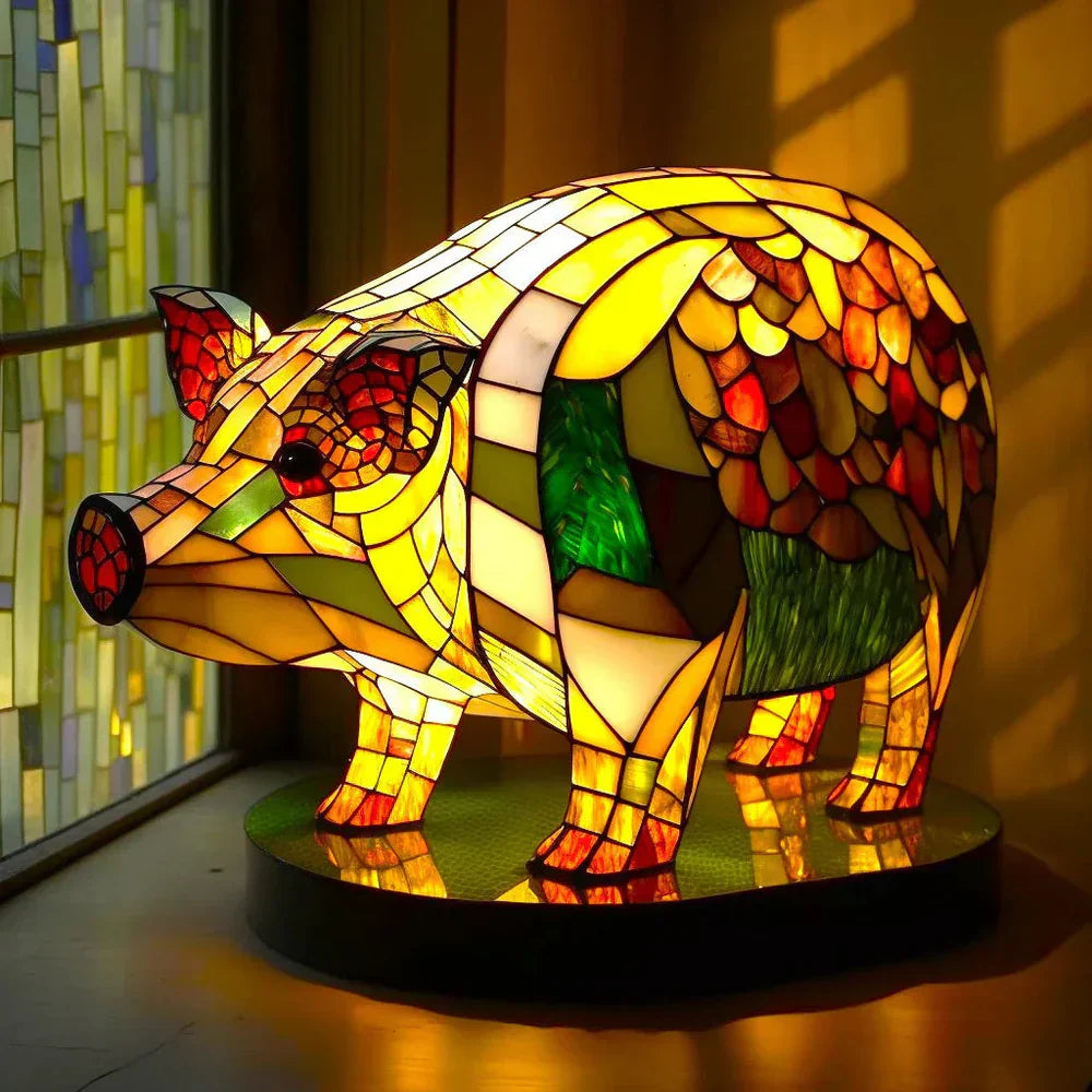 Close-up of a vibrant stained glass animal lamp, perfect for decorative interior lighting.