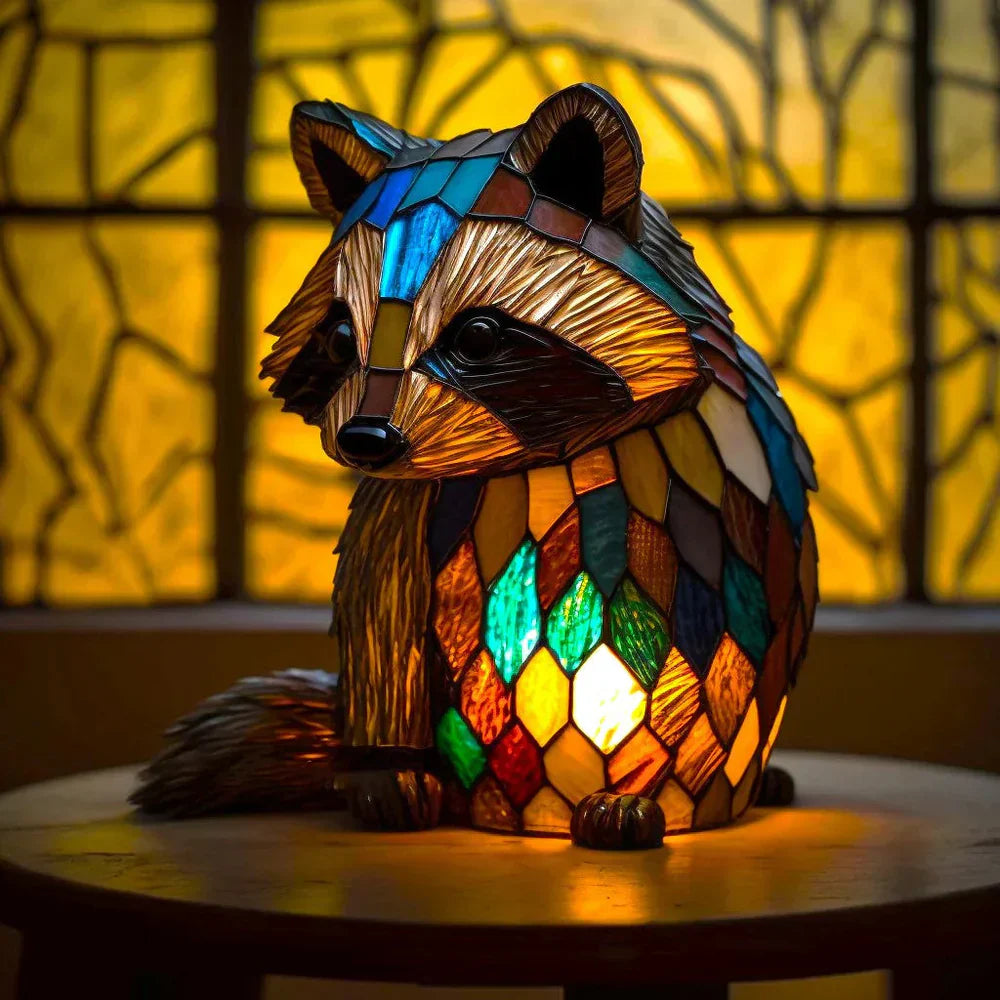 Detailed shot of an artistic animal stained glass lamp showcasing rich colors and design.