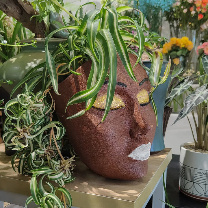 Decorative human face wall planter, a modern art statement piece for succulents. Enhances home with unique plant holder.