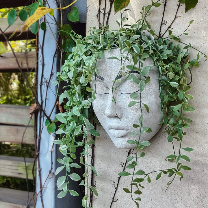 Resin human face hanging pot, an artistic & unique wall decor accent. Ideal for small indoor plants and modern spaces.