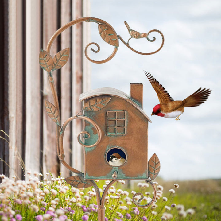 Stylish metal birdhouse garden stake, artistic outdoor decor, a wonderful gift for gardeners.