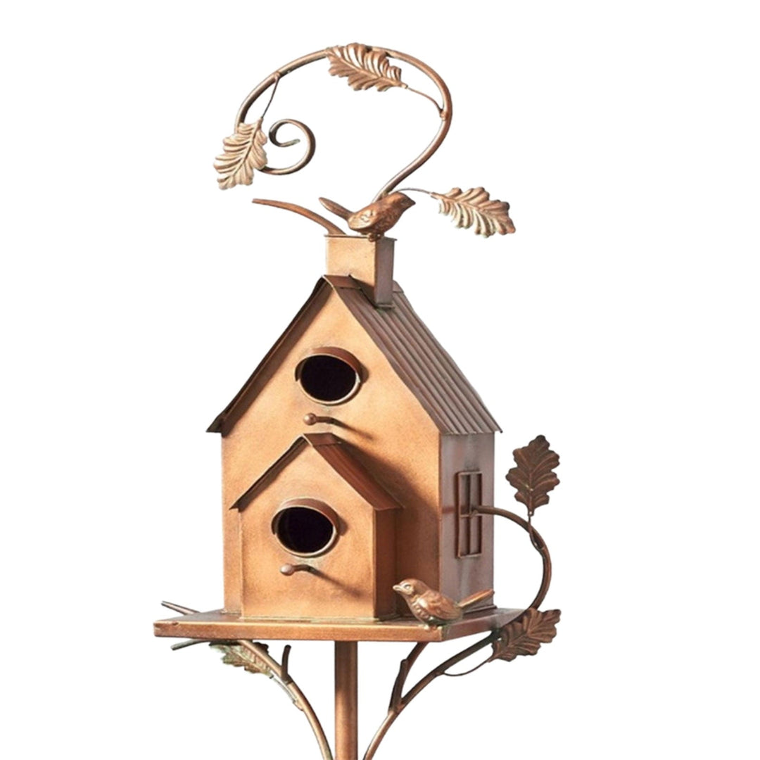Decorative metal birdhouse garden stake, an artistic home accent & garden gift.