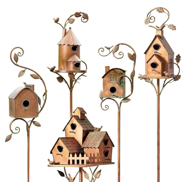 Handcrafted artistic metal birdhouse garden stake, ideal for garden decor & bird feeding.