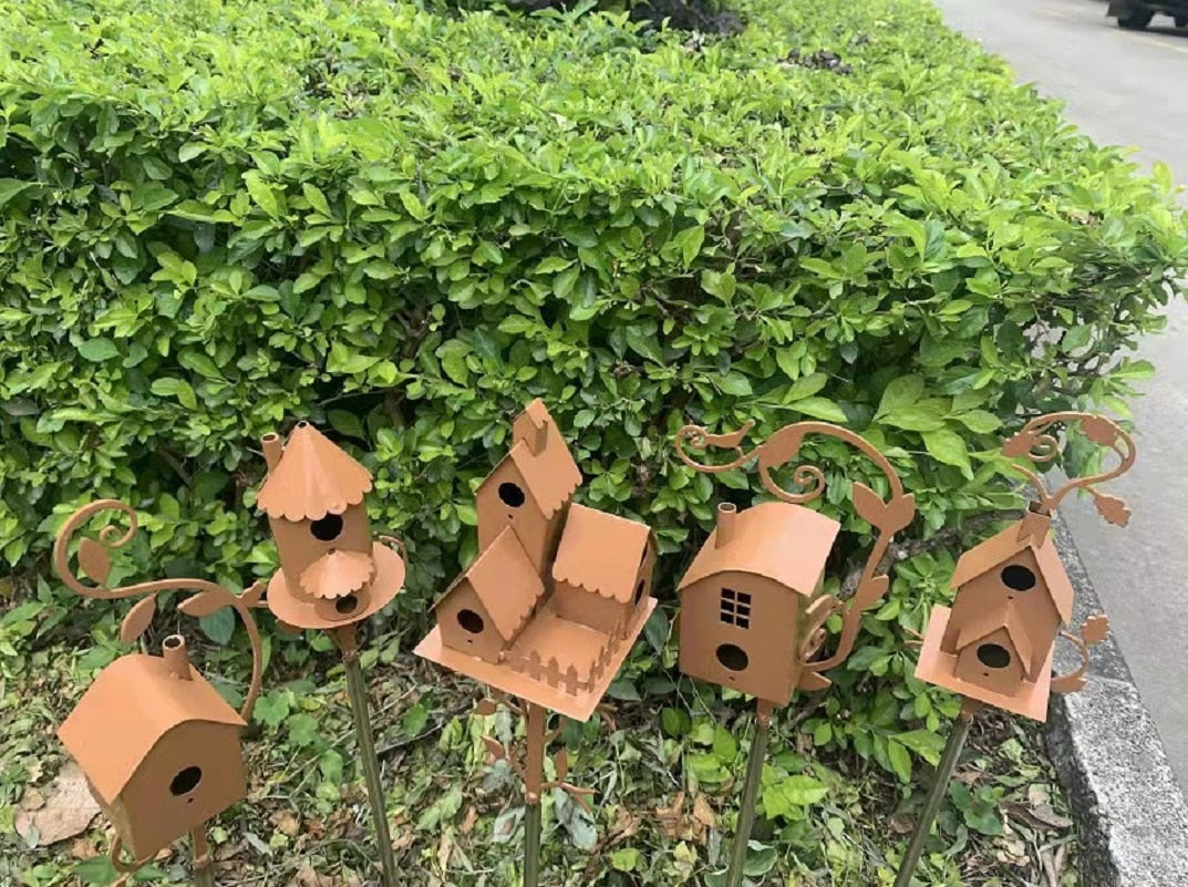 Weatherproof artistic metal birdhouse garden stake, perfect rustic outdoor decor & bird feeder.