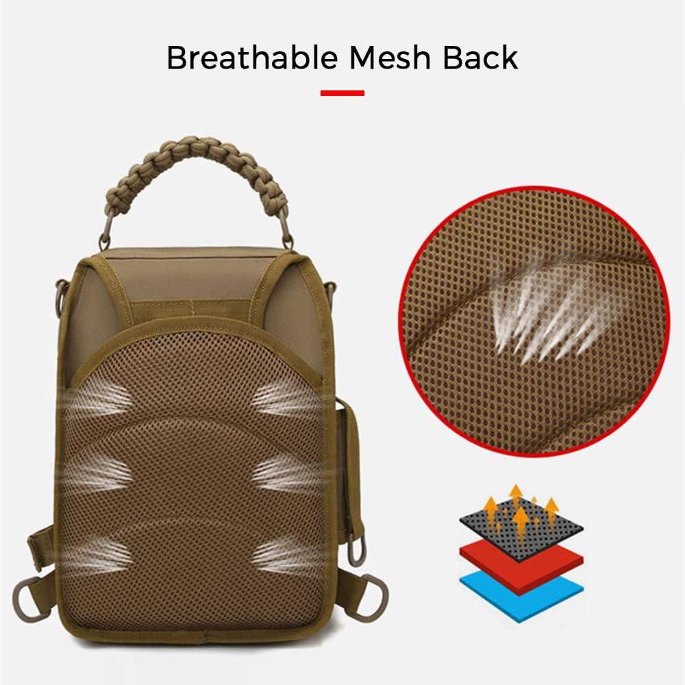 Khaki fishing sling bag with multiple compartments, perfect outdoor gear for tackle storage.