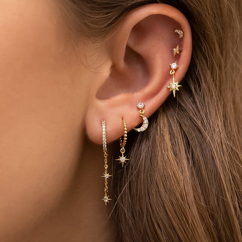 Astrid Celestial Charm Stud Earrings, captivating star & moon design for women, hypoallergenic stainless steel