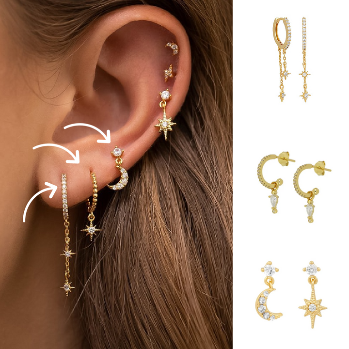 Pair of Astrid Celestial Moon Stud Earrings, unique Betoverende Sterrenlicht design for women