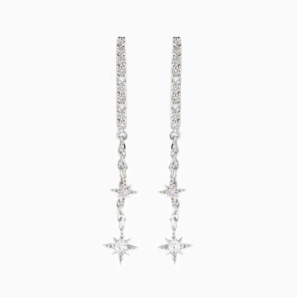 Astrid Celestial dangle chain earrings, star & moon motif, women's hypoallergenic fashion jewelry