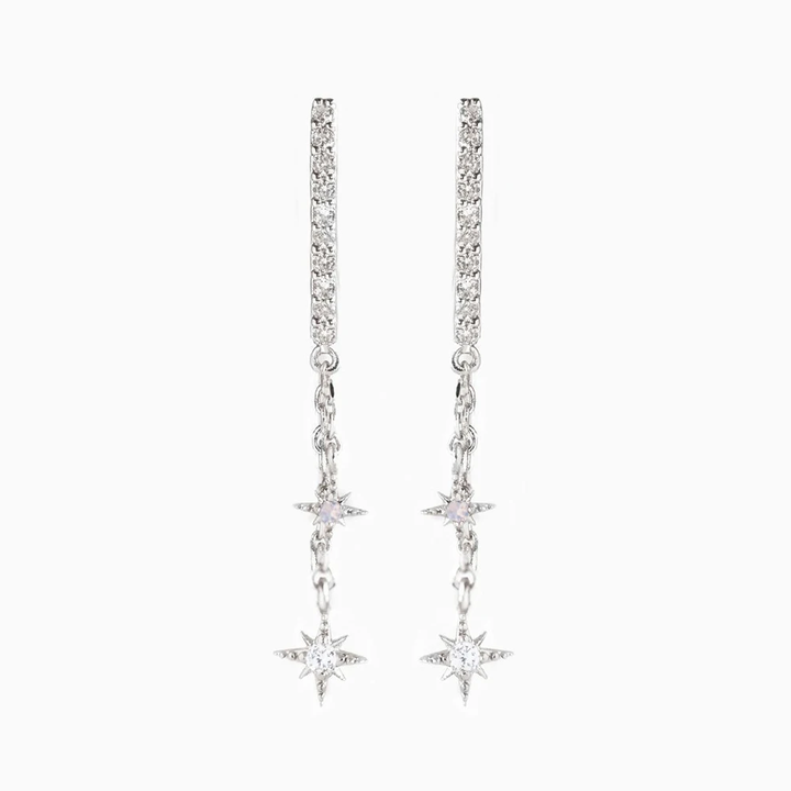 Astrid Celestial dangle chain earrings, star & moon motif, women's hypoallergenic fashion jewelry