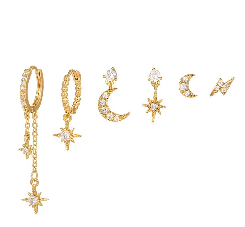 Various Astrid Celestial Charm Earrings, featuring stars and moons, women's hypoallergenic jewelry