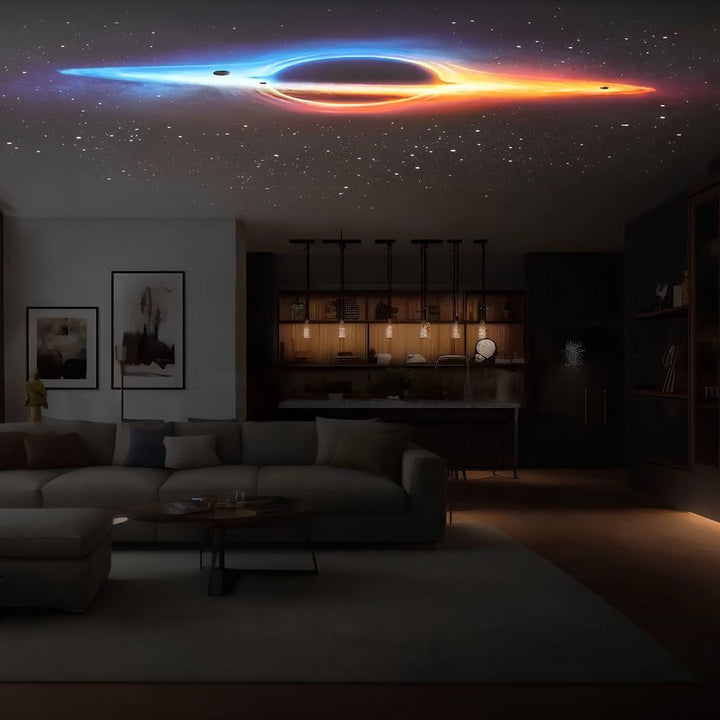 Close-up of the AstroGlow space projector lamp casting a swirling starry night effect