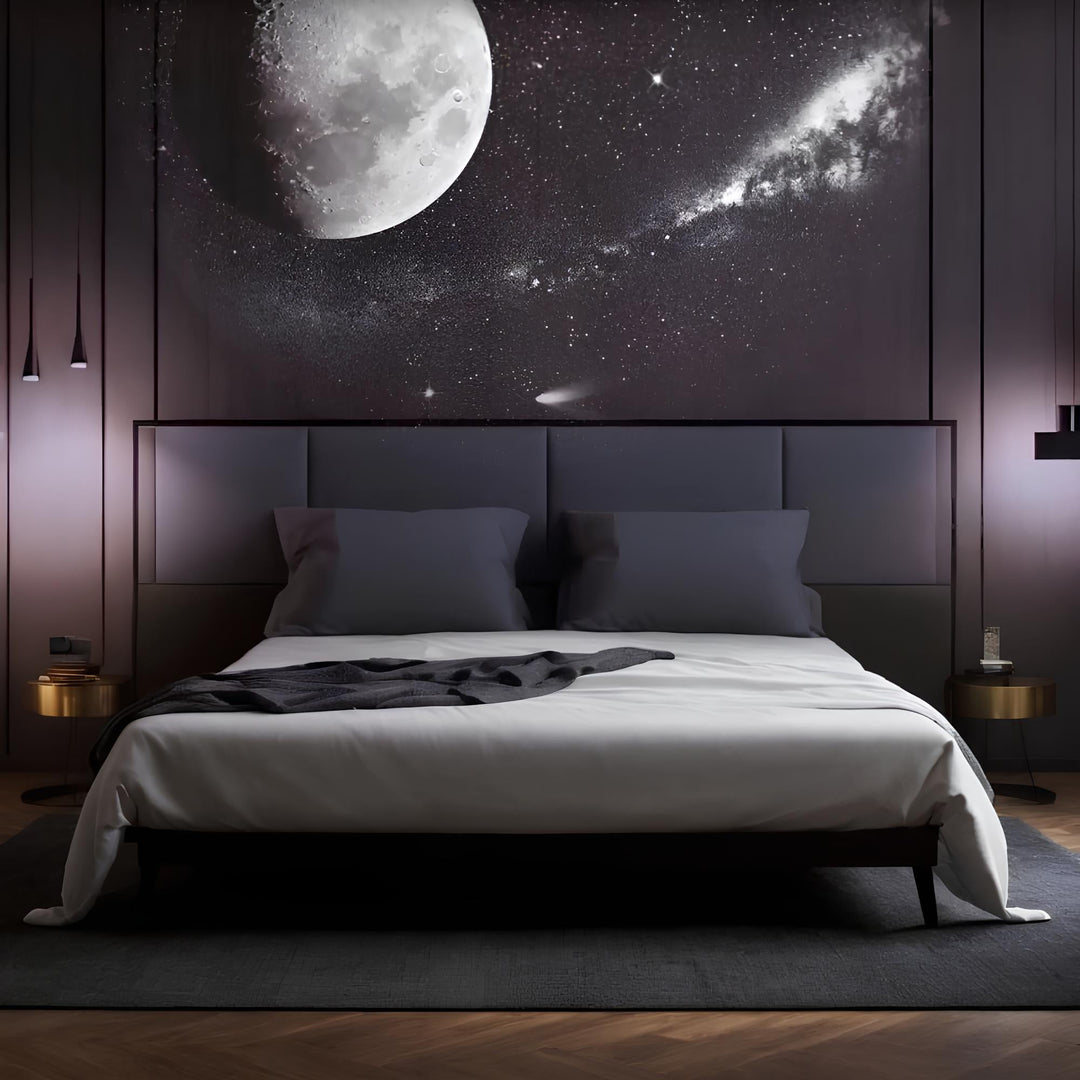 AstroGlow galaxy lamp creating a serene ambient light in a bedroom, perfect for relaxation