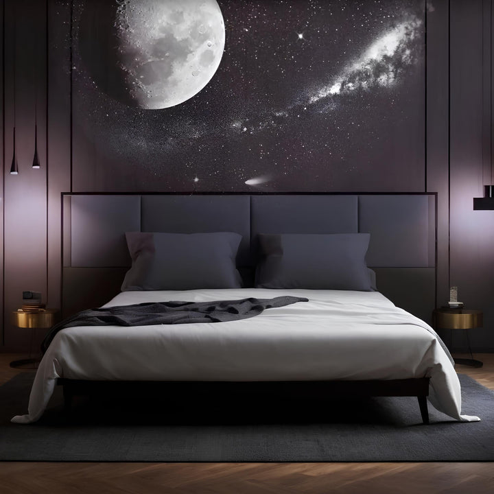 AstroGlow galaxy lamp creating a serene ambient light in a bedroom, perfect for relaxation