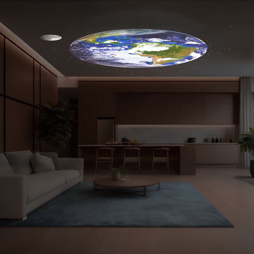 Child reaching for the AstroGlow starry sky projector, used as a calming night light