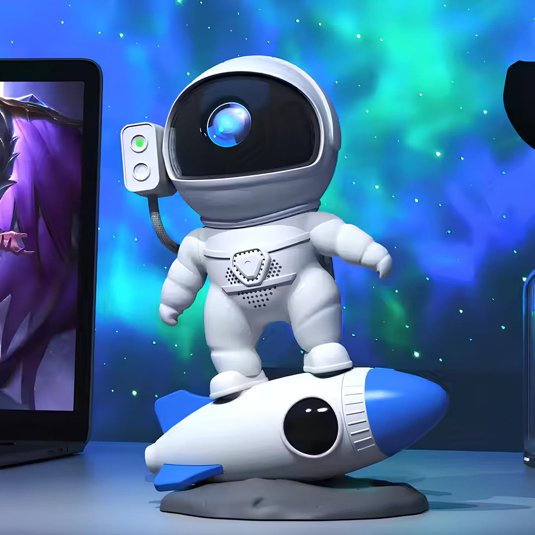 Astronaut Star Projector Lamp with vibrant galaxy nebula effects for cosmic room decor and ambient lighting.