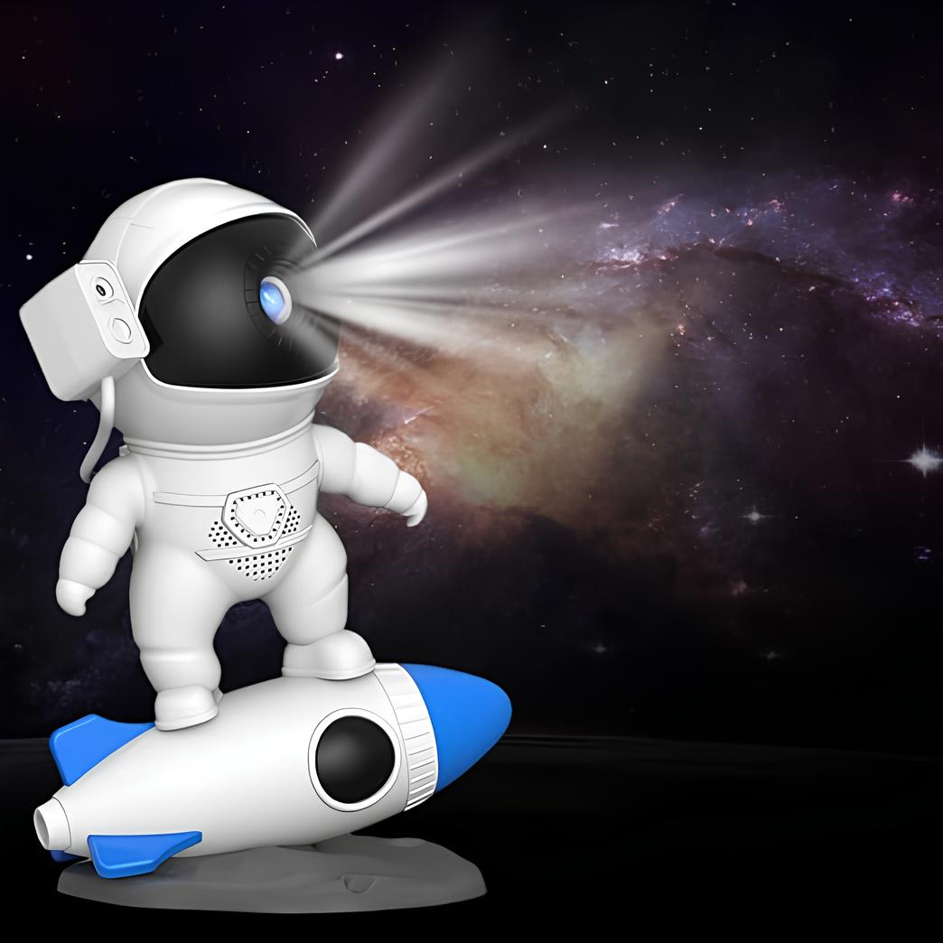 AstroGlow Astronaut Projector Nachtlampje, projecting a stunning starry sky and nebula onto a bedroom ceiling.