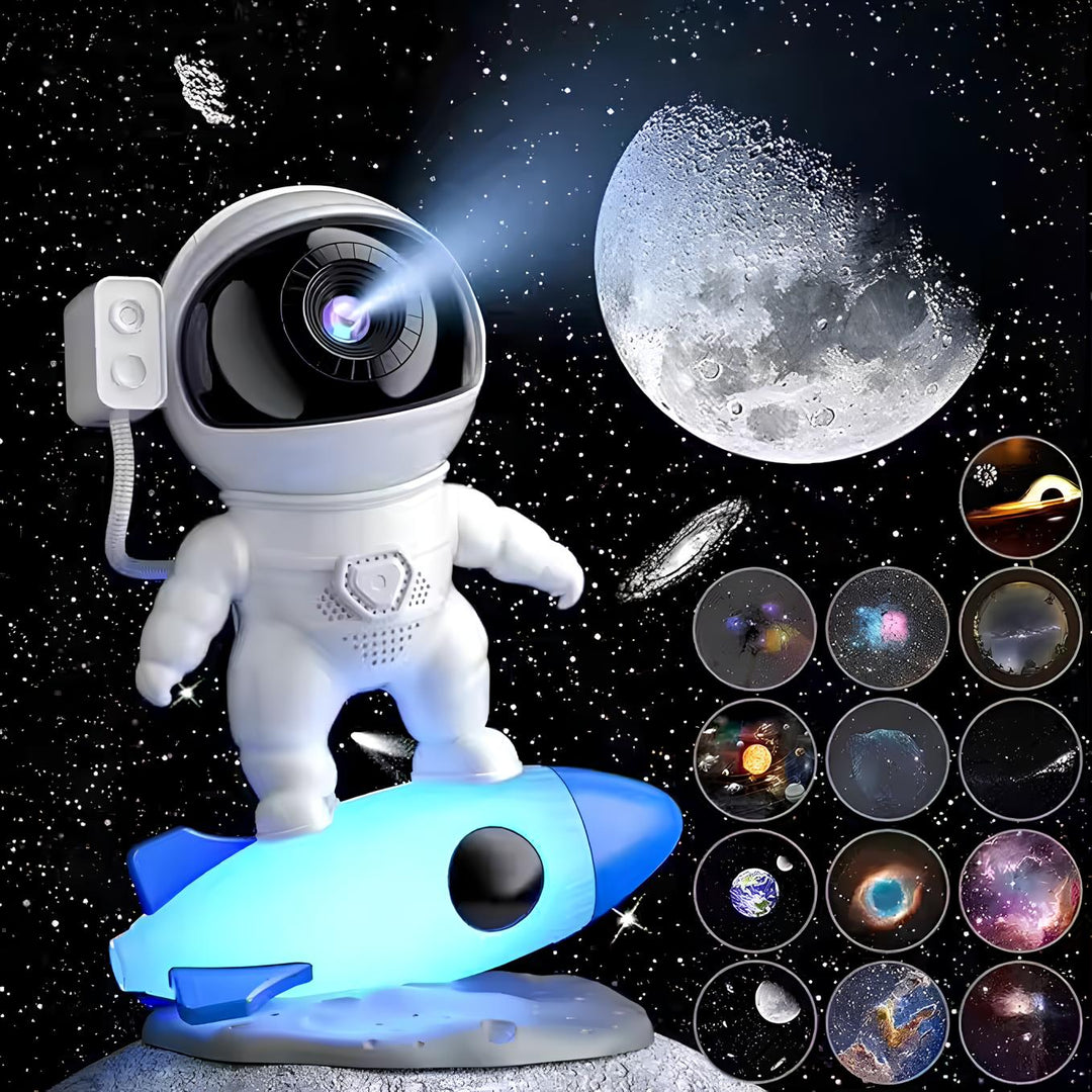 Detailed astronaut lamp igniting a room with dynamic galaxy light, ideal for a unique night light experience.
