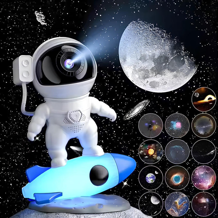 Detailed astronaut lamp igniting a room with dynamic galaxy light, ideal for a unique night light experience.