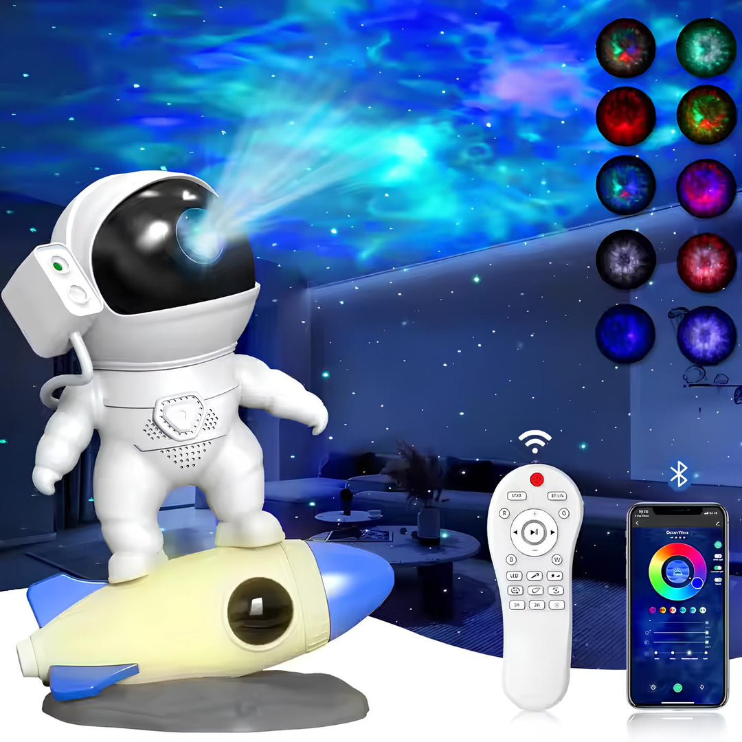 Celestial projector, an astronaut figure casting colorful nebula and stars, perfect for space-themed room decor.