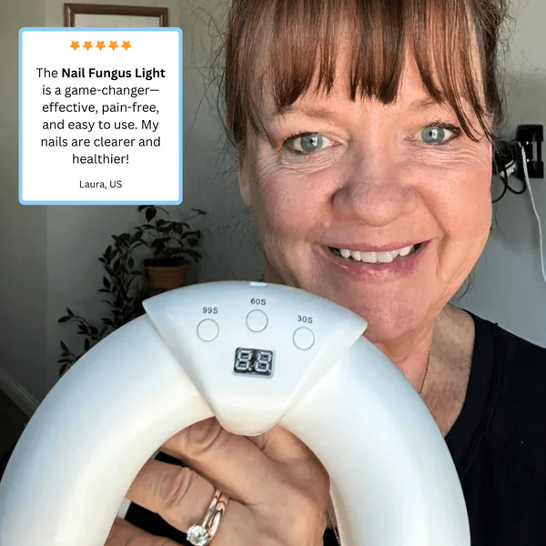 At-home laser nail fungus treatment device applied to a nail. Effective anti-fungal therapy for healthy foot care.