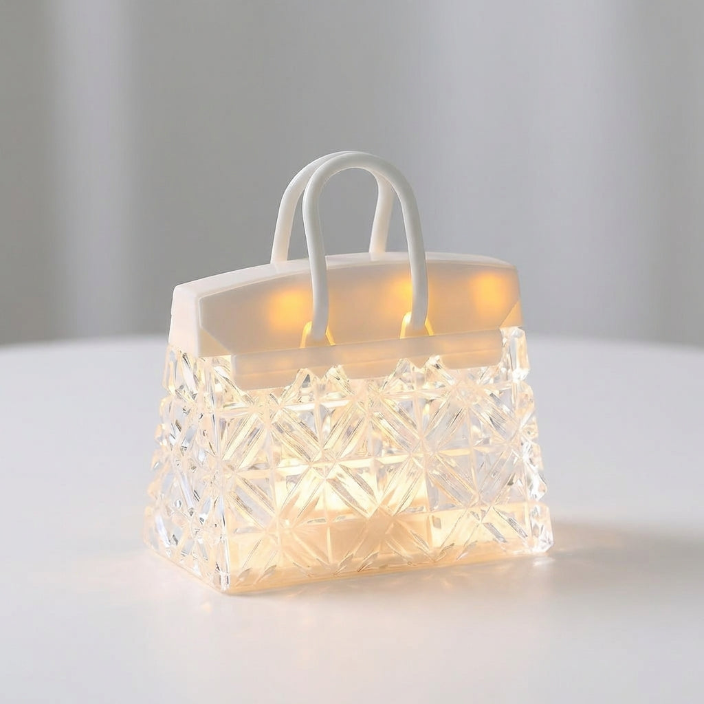 Decorative LED table lamp shaped like a handbag, providing ambient lighting for a nightstand