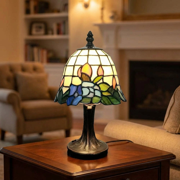 Aurafleur stained glass table lamp for ambient LED lighting in a modern living room
