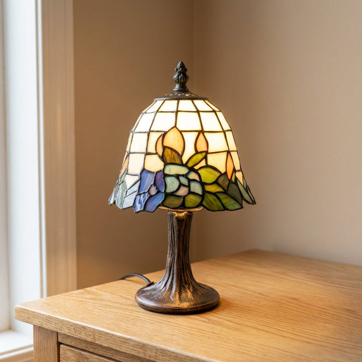 Close-up of a unique stained glass table lamp, ideal for decorative LED lighting and modern design