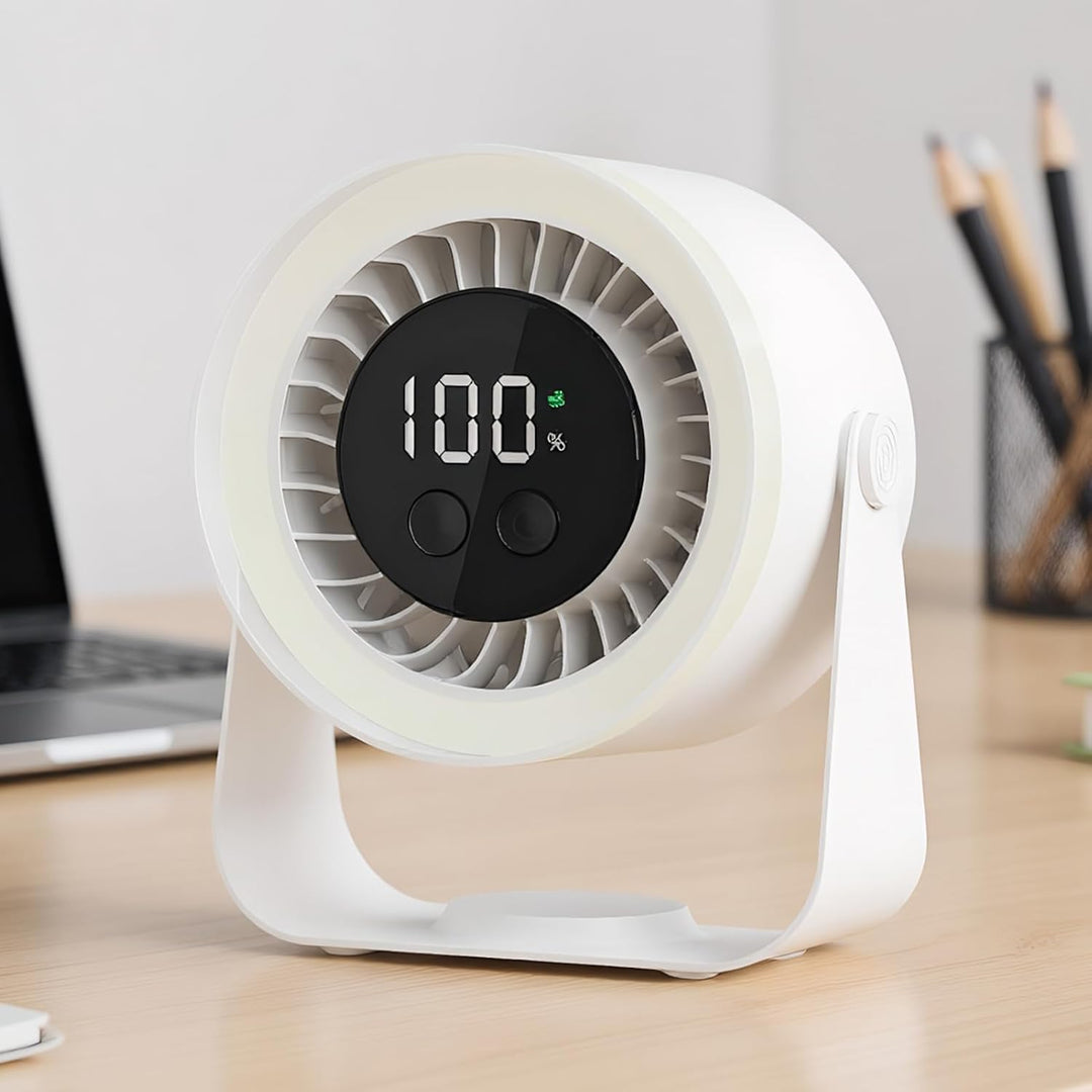 Top-down view of the Auralis quiet desk fan, highlighting its portable design and USB feature