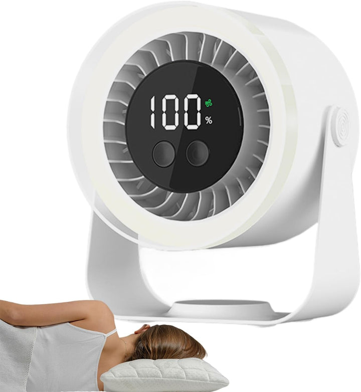 Top-down view of Auralis Quiet Desk Fan (white), illustrating its compact, portable design.