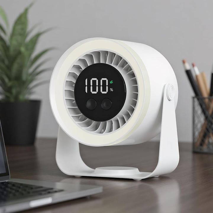 White Auralis Desk Fan, ideal for personal cooling, with its 10 speeds clearly visible.