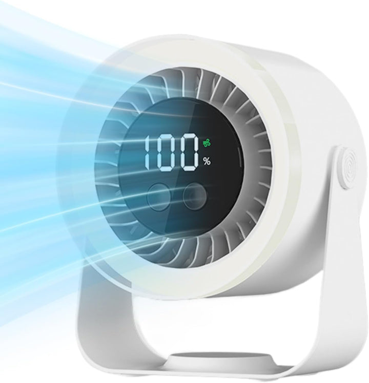 Close-up of the control panel on a black Auralis Quiet Desk Fan, showing 10 speed settings.