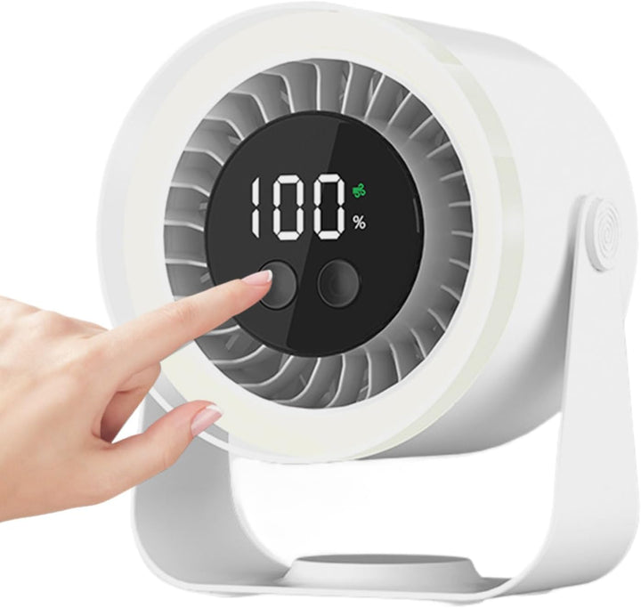 Pink Auralis Desk Fan providing personal cooling on a bedside table, portable and quiet.