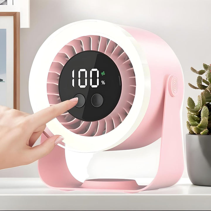 Close-up of white Auralis Quiet Desk Fan's front grille, highlighting portable and USB features.