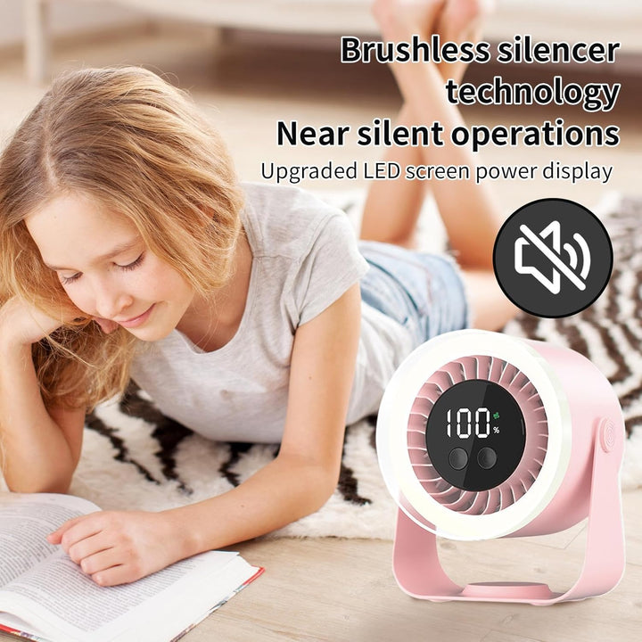 Pink Auralis Desk Fan with its USB charging cable, showcasing rechargeable feature for convenience.